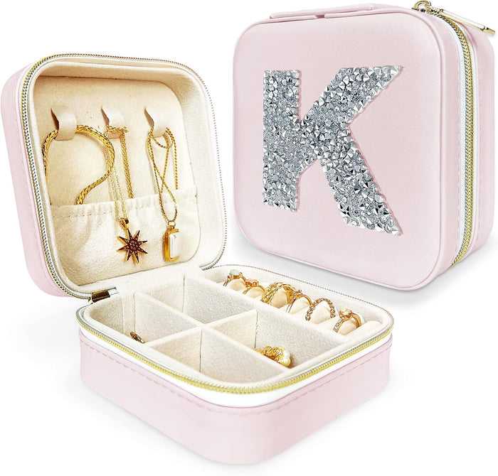 Personalized Initial Jewelry Box Gifts for Women - White & Pink Colors - Travel Organizer Case for Girls - Bridesmaid Gift (Pink Box #K)