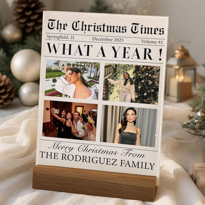 Custom Acrylic Family Sign with Photo & Name – Personalized Christmas “What A Year” Newspaper Plaque – Xmas Home Decoration – Funny Holiday Keepsake Gift for Newlywed, Friends, Couples, Parents