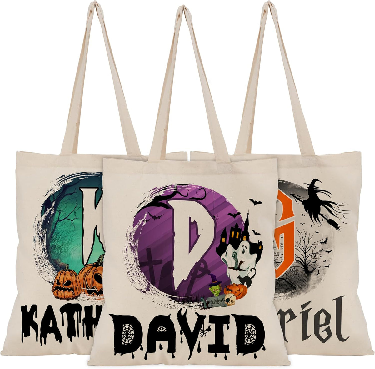 Custom Name & Initials Halloween Canvas Tote Bags - Personalized Trick or Treat Bag with Pumpkin, Skeleton, Ghost - Reusable 15x16" Gift Bag for Halloween Parties & Daily Use