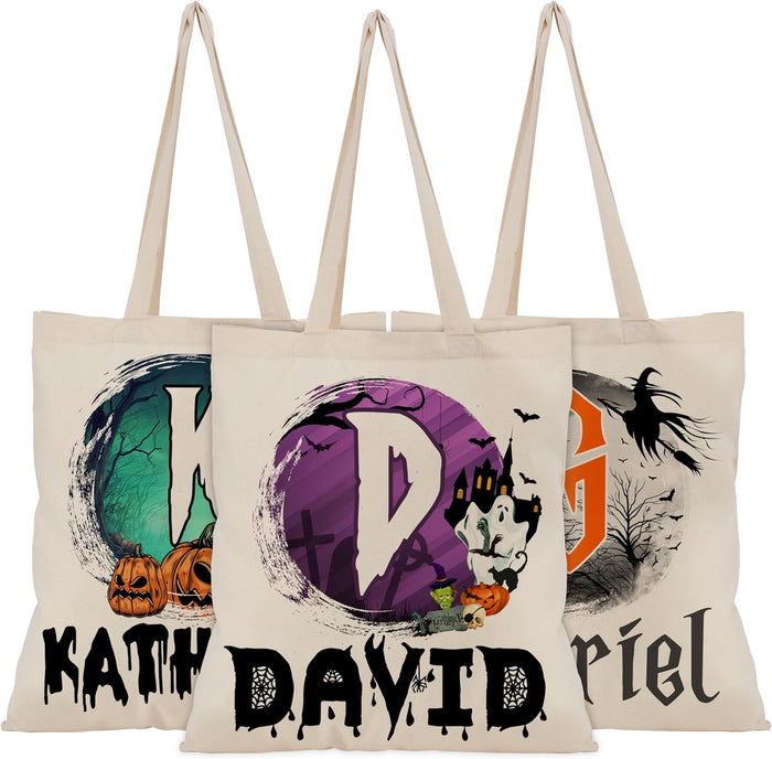 Custom Name & Initials Halloween Canvas Tote Bags - Personalized Trick or Treat Bag with Pumpkin, Skeleton, Ghost - Reusable 15x16" Gift Bag for Halloween Parties & Daily Use