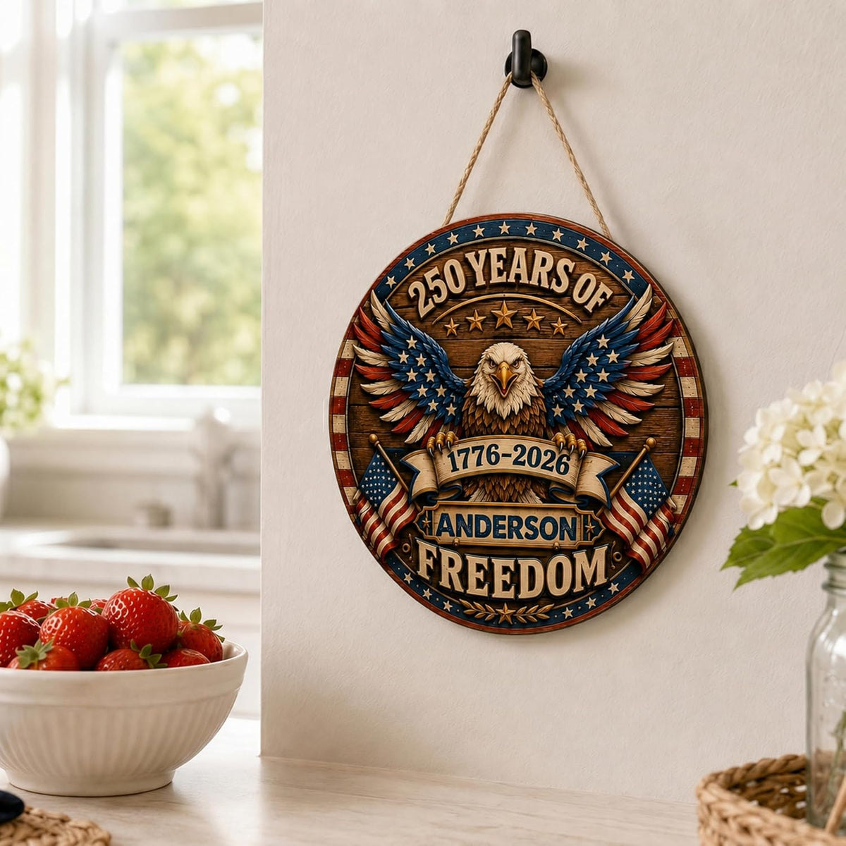 Personalized Eagle Patriotic Door Sign for Front Door, Custom Family Name America 250th Anniversary Wooden Door Hanger, USA 1776-2026 Independence Day 4th of July Wall Decor