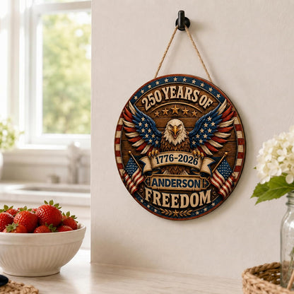 Personalized Eagle Patriotic Door Sign for Front Door, Custom Family Name America 250th Anniversary Wooden Door Hanger, USA 1776-2026 Independence Day 4th of July Wall Decor