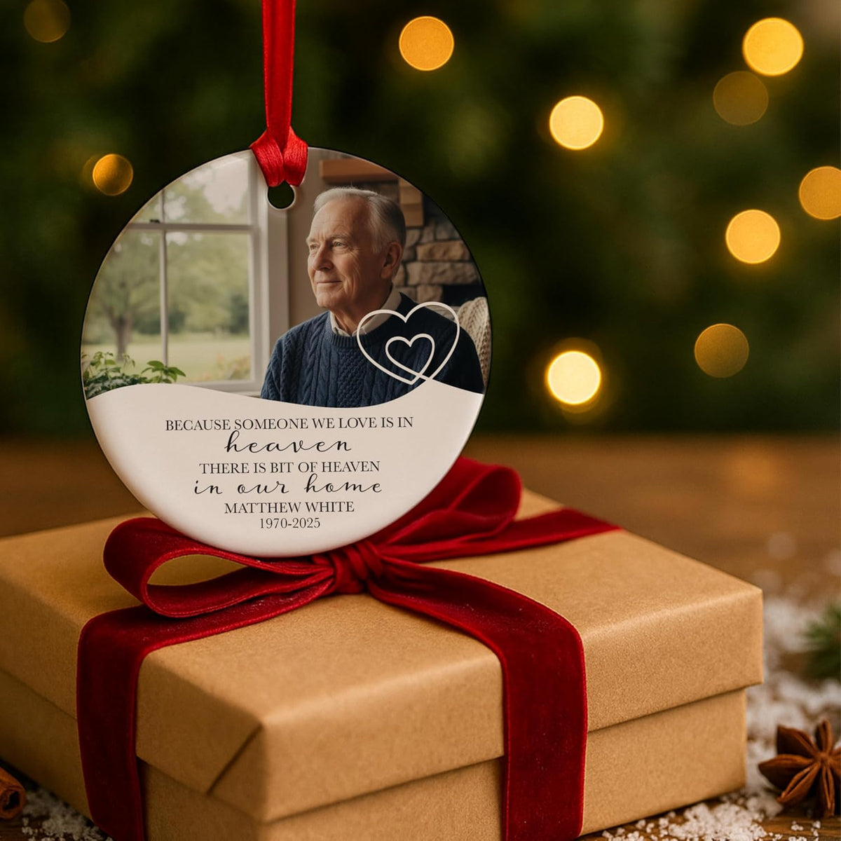 Memorial Christmas Ornament – in Loving Memory Photo Remembrance for Loss of Loved One – Personalized Round Ceramic Keepsake with Custom Picture – Sympathy Gift, Bereavement Christmas Decoration