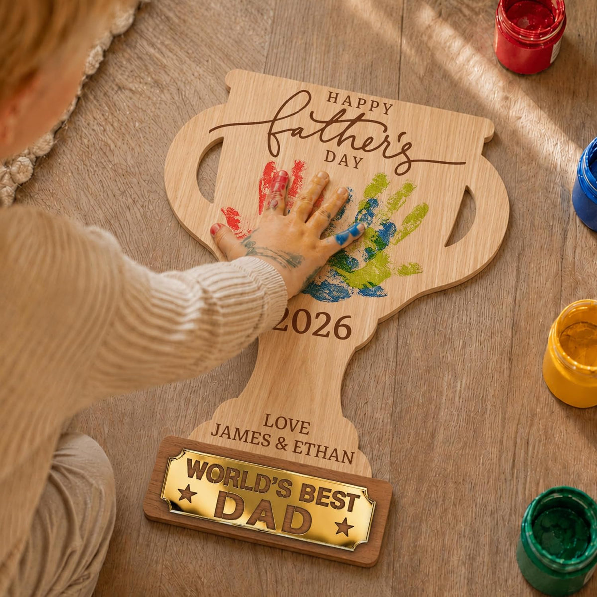 Personalized Hands Down Best Dad Sign, DIY Father's Day Handprint Wooden Trophy Plaque Gift from Kids Daughter Son, Best Dad Ever Family Keepsake, First Father's Day Present for New Daddy Papa