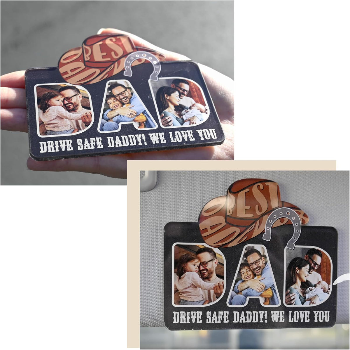 Personalized Cowboy Horseshoe Car Visor Clip – Custom Photo & Message Gift for Dad – Drive Safe Daddy – Cute Father’s Day Car Accessory from Kids – Best Dad Ever