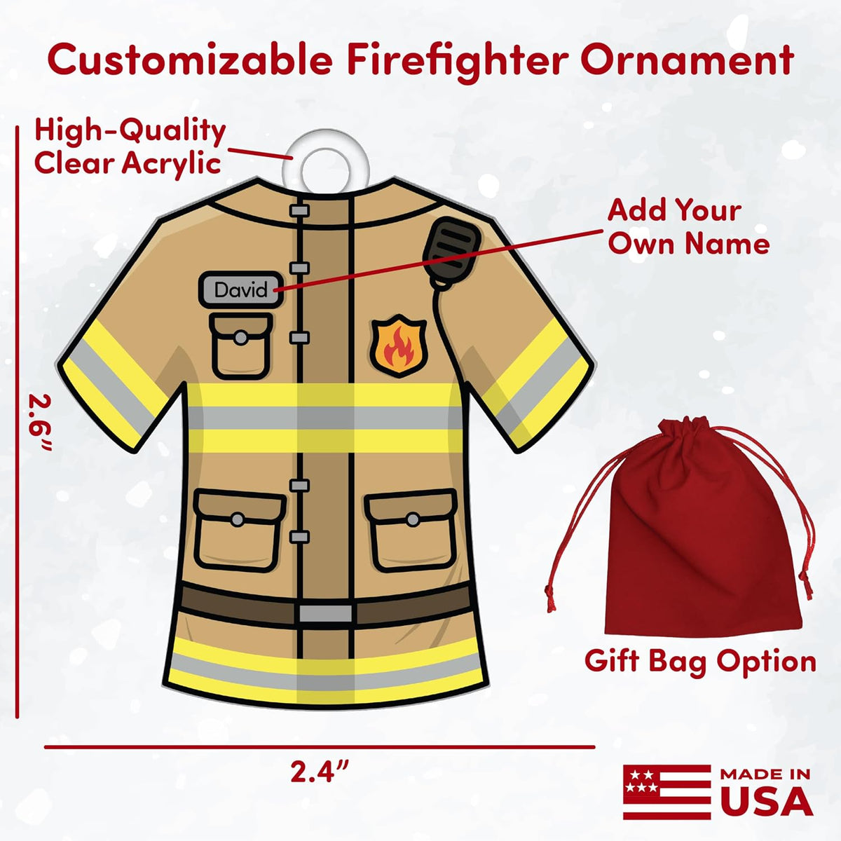 Personalized Firefighter Uniform Ornament – Custom Acrylic Christmas Keepsake with Name on Tan Reflective Design – Fireman Gift for Family, Friends, Hero First Responder Tree Decoration