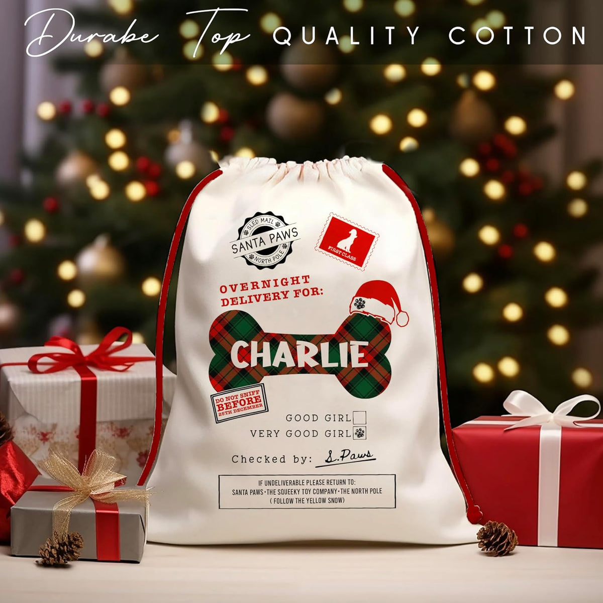 Personalized Pet Christmas Santa Sack, Custom Holiday Gift Bag for Dogs