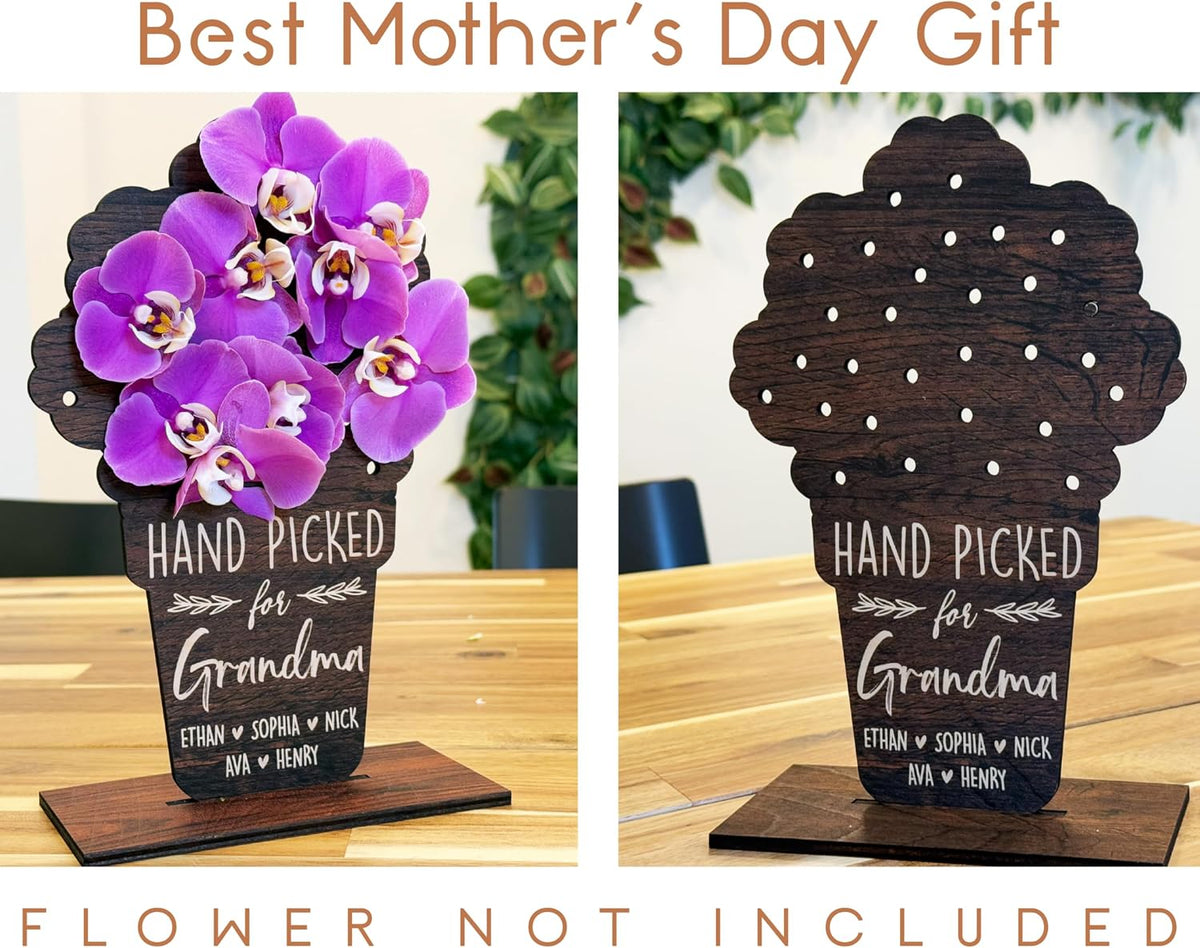 Zexpa Apparel Custom Wooden Flower Holder with Kids' or Grandkids' Names – Unique Gift for Mom, Grandma, Nana – Personalized Name Display Stand for Mother’s Day, Birthday or Home Décor