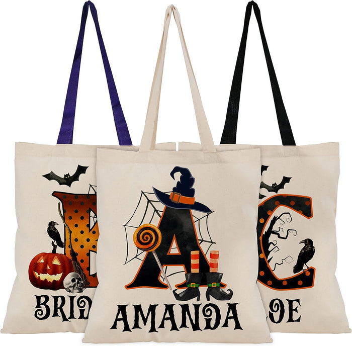 Personalized Halloween Tote Bags w/Name for Girls Boys - Custom Candy Trick or Treating - Customized Kids Party Favors - Canvas Goodie Bag - Reusable Grocery Gifts, Beige