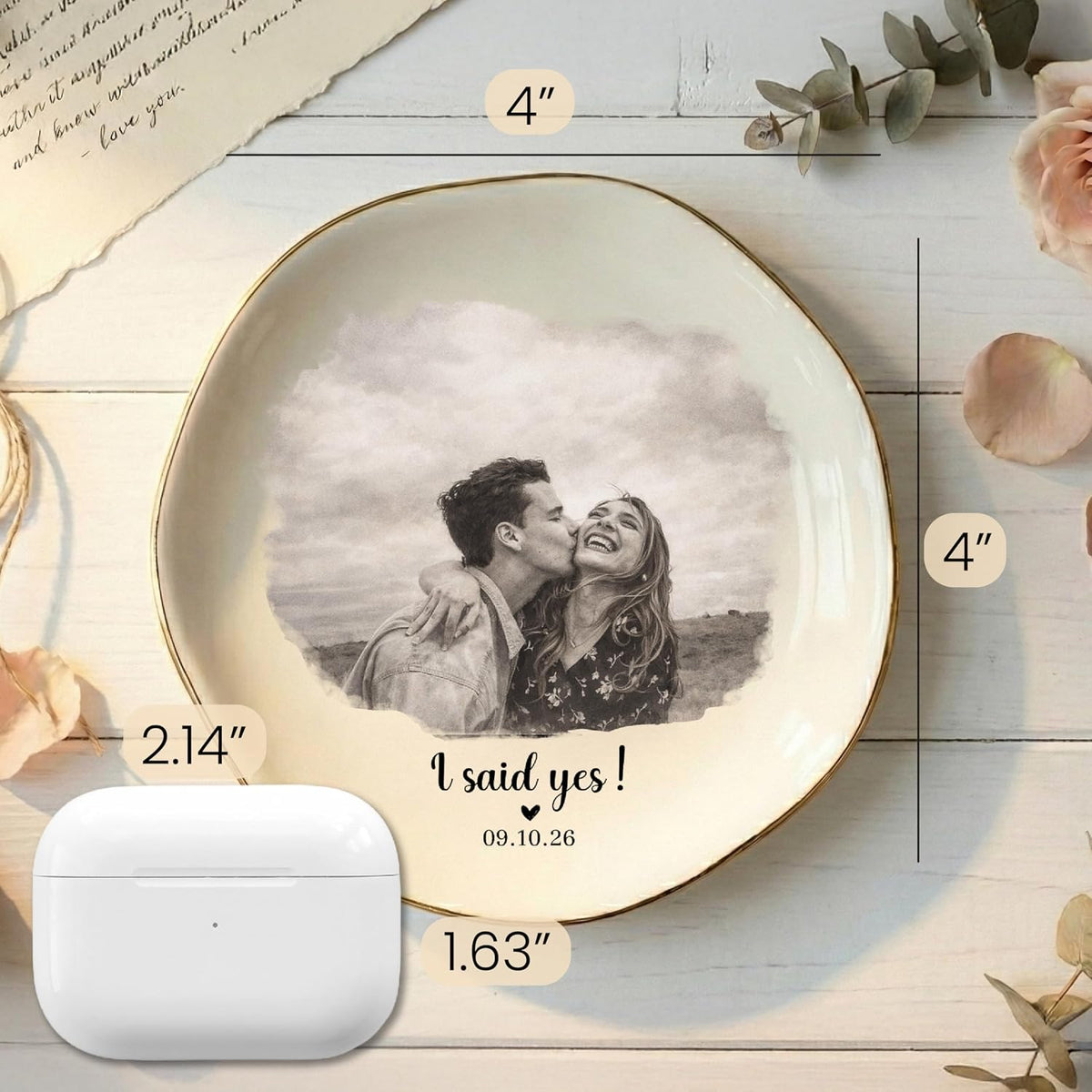 Personalized Proposal Photo Ring Dish Plate – Custom Engagement Gift with Couple Picture, Name & Date – Ceramic Jewelry Tray for Fiancé, Bride to Be, Girlfriend – Valentine’s Day Keepsake