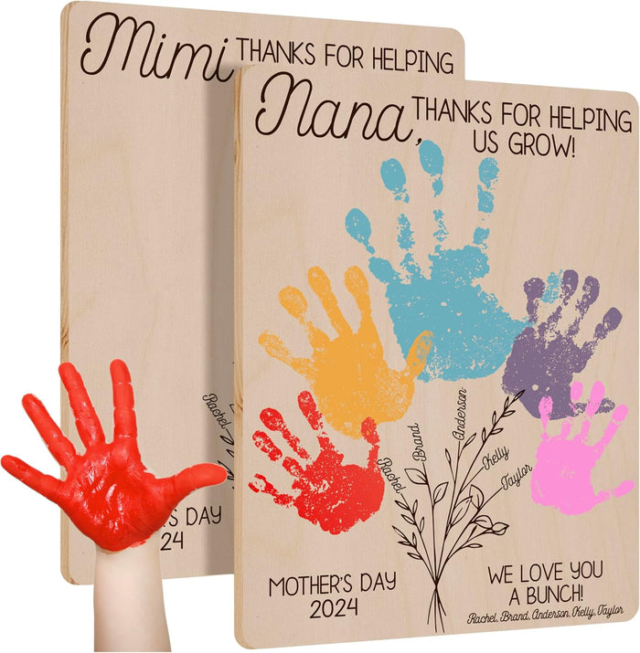 Personalized DIY Flower Handprint Wooden Sign Gifts for Nana & Mom, Customized Mother's Day Wood Wall Art Gift for Grandma & Mama, 9x12, Plywood