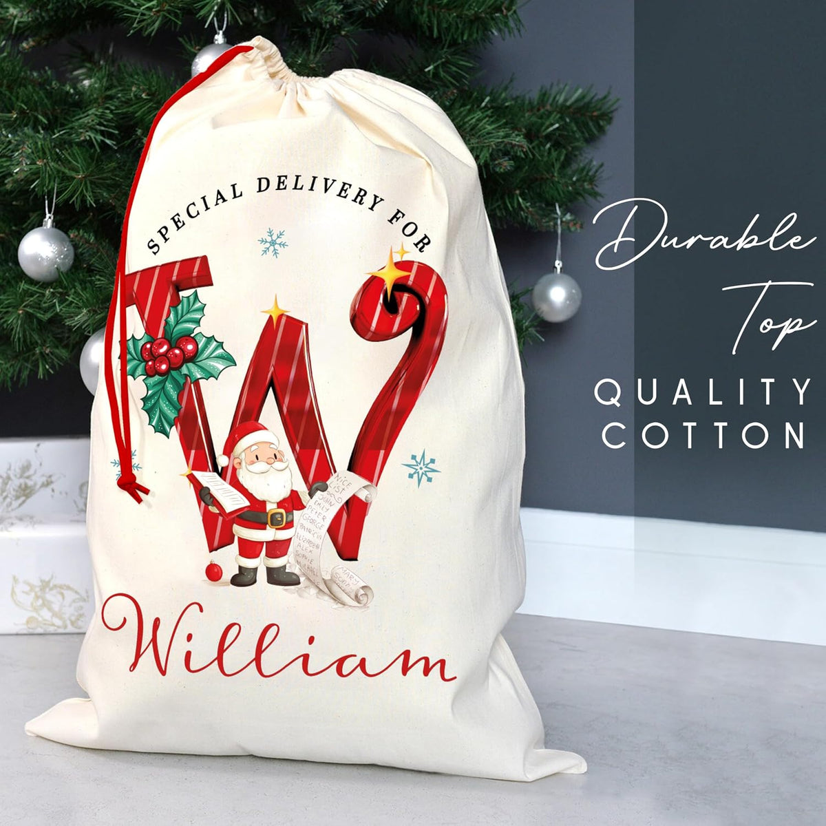 Personalized Christmas Santa Sack with Name, Custom Monogram Holiday Pouch