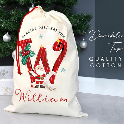 Personalized Christmas Santa Sack with Name, Custom Monogram Holiday Pouch
