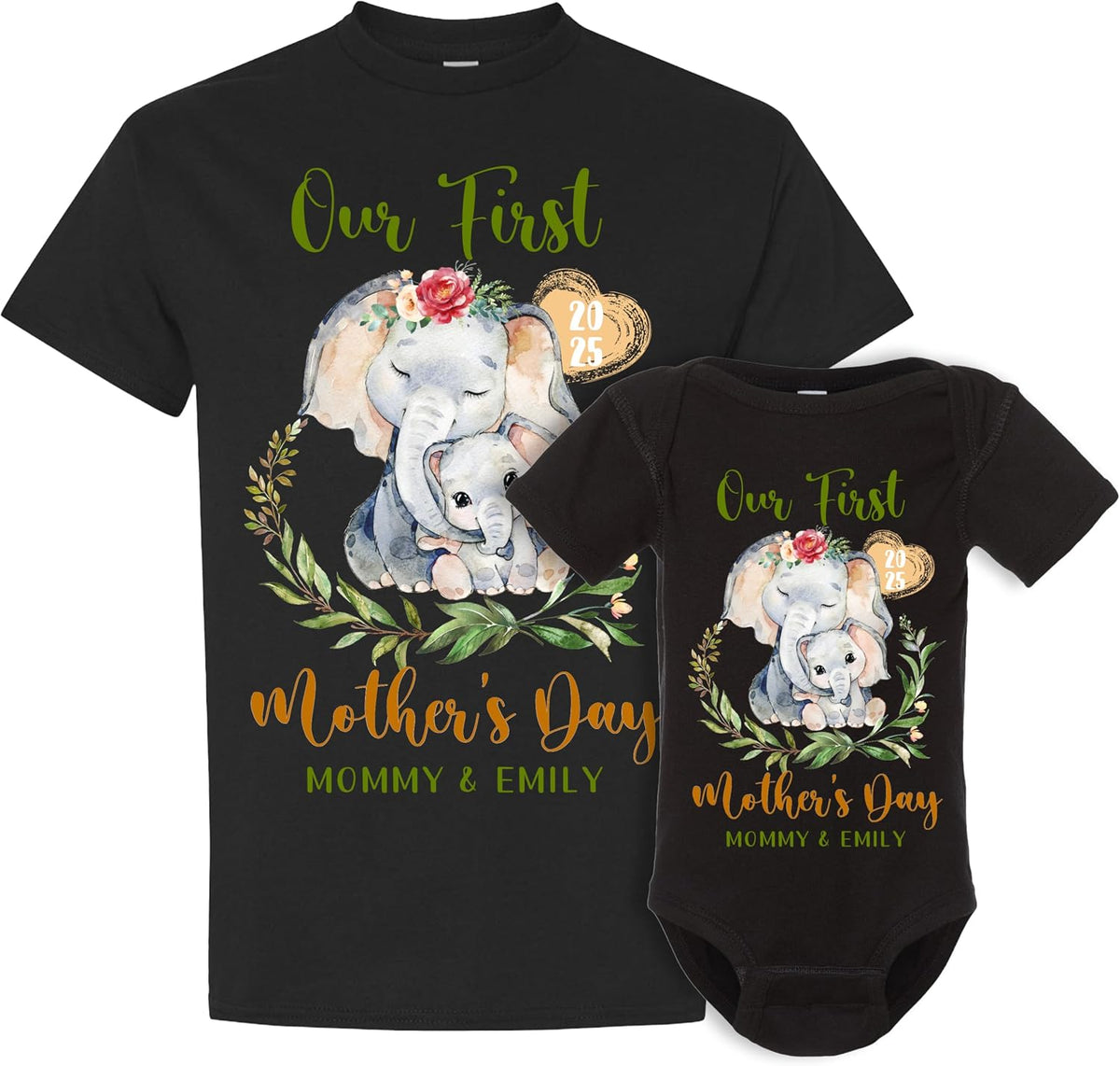 Personalized Our First Mother’s Day Matching Set – Custom Baby Bodysuit & Shirt – Gift for New Mom, Baby Shower, Mother's Day