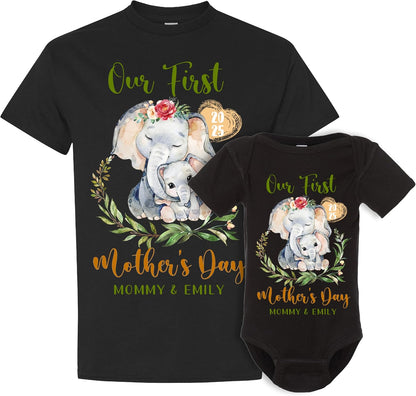 Personalized Our First Mother’s Day Matching Set – Custom Baby Bodysuit & Shirt – Gift for New Mom, Baby Shower, Mother's Day