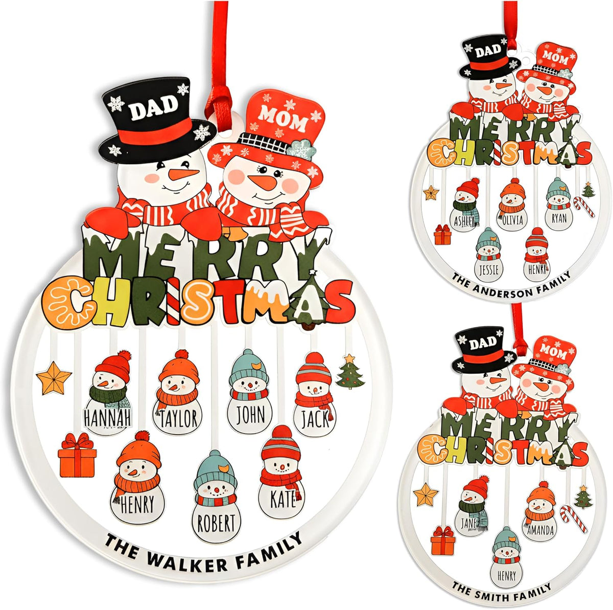 Family Christmas Ornament with Names – Personalized Snowman Family Tree Decoration – Custom Parents & Kids Name Ornament with Surname – Holiday Keepsake for Mom, Dad, Grandparents, Grandkids