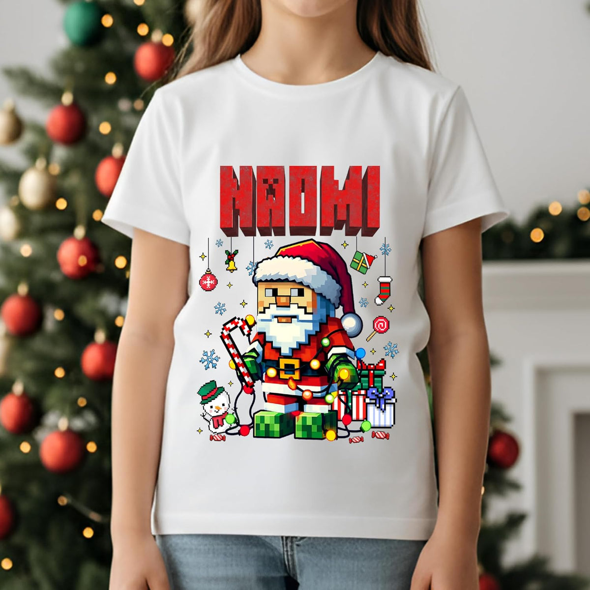 Personalized Santa Christmas T-Shirt for Kids & Toddlers - Custom Name Pixel Art Holiday Shirt - Unisex Cotton Tee for Boys & Girls - Cute Xmas Gift for Family, Grandkids, Occasion Wear Black