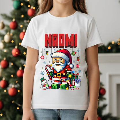 Personalized Santa Christmas T-Shirt for Kids & Toddlers - Custom Name Pixel Art Holiday Shirt - Unisex Cotton Tee for Boys & Girls - Cute Xmas Gift for Family, Grandkids, Occasion Wear Black