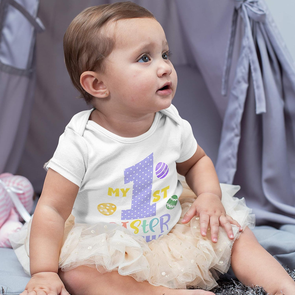 Personalized Easter Initial Baby Onesie Gifts with Name - Customized Girl Bodysuit - Custom Egg Hunt Infant Boy Clothes for New Born, 6 Months, 12 Months, 18 Months and 24 Months - White