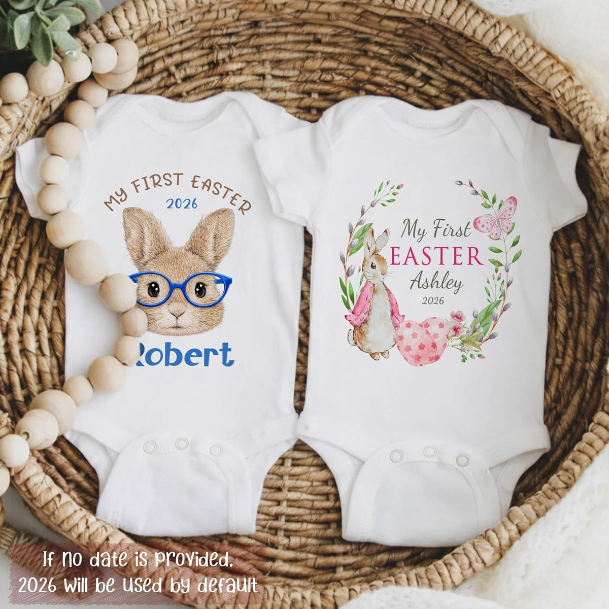 My First Easter Baby Bodysuit Personalized, Custom Name and Year Easter Outfit, Bunny and Carrot Design Infant One Piece, First Easter Keepsake Gift, Easter Photo Outfit, Spring Baby Clothes