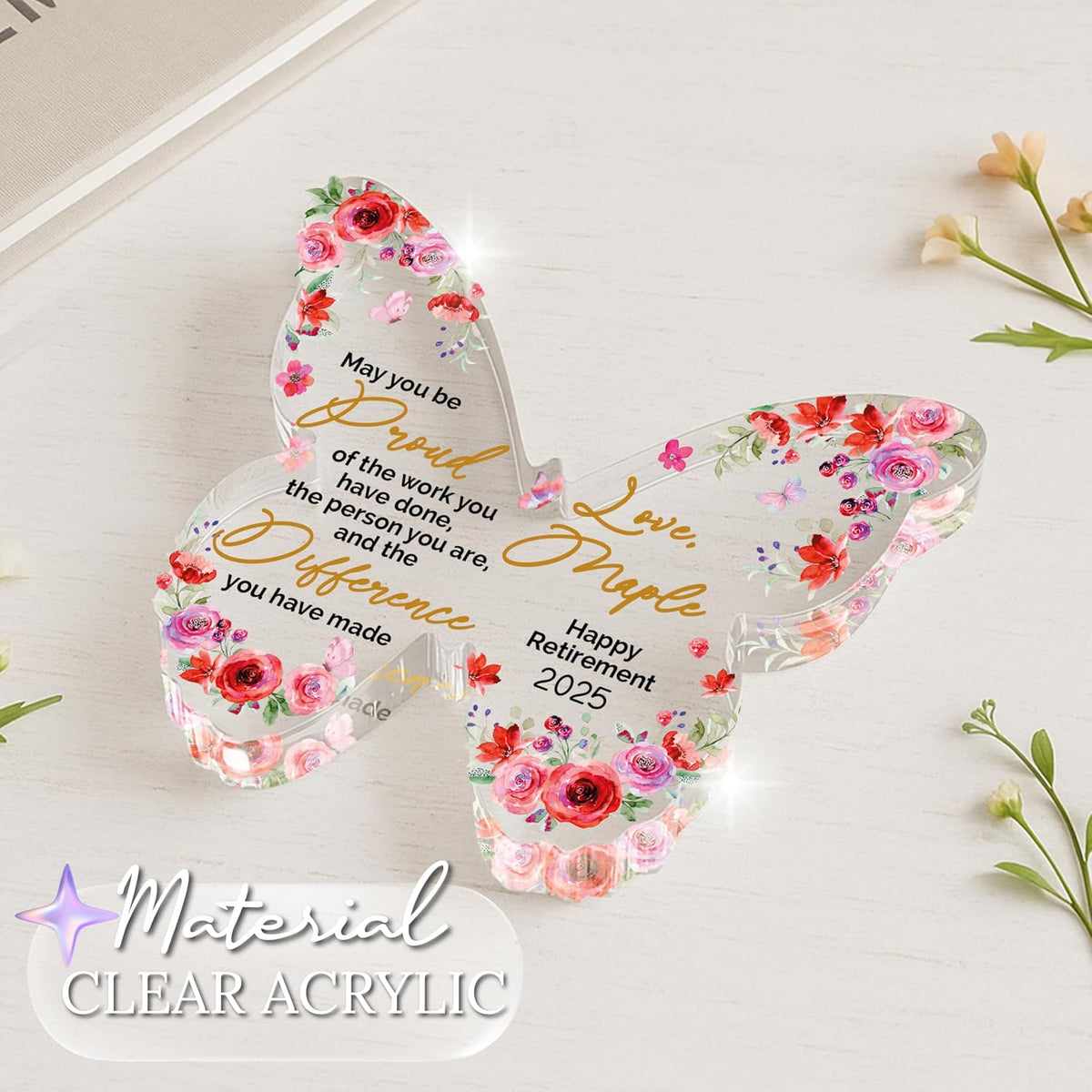 Retirement Gift for Women & Men – Personalized Butterfly Acrylic with Name – Thank You Gift for Coworkers, Teachers, Nurses & Bosses – Commemorate Years of Service & Christmas Office Decor Keepsake