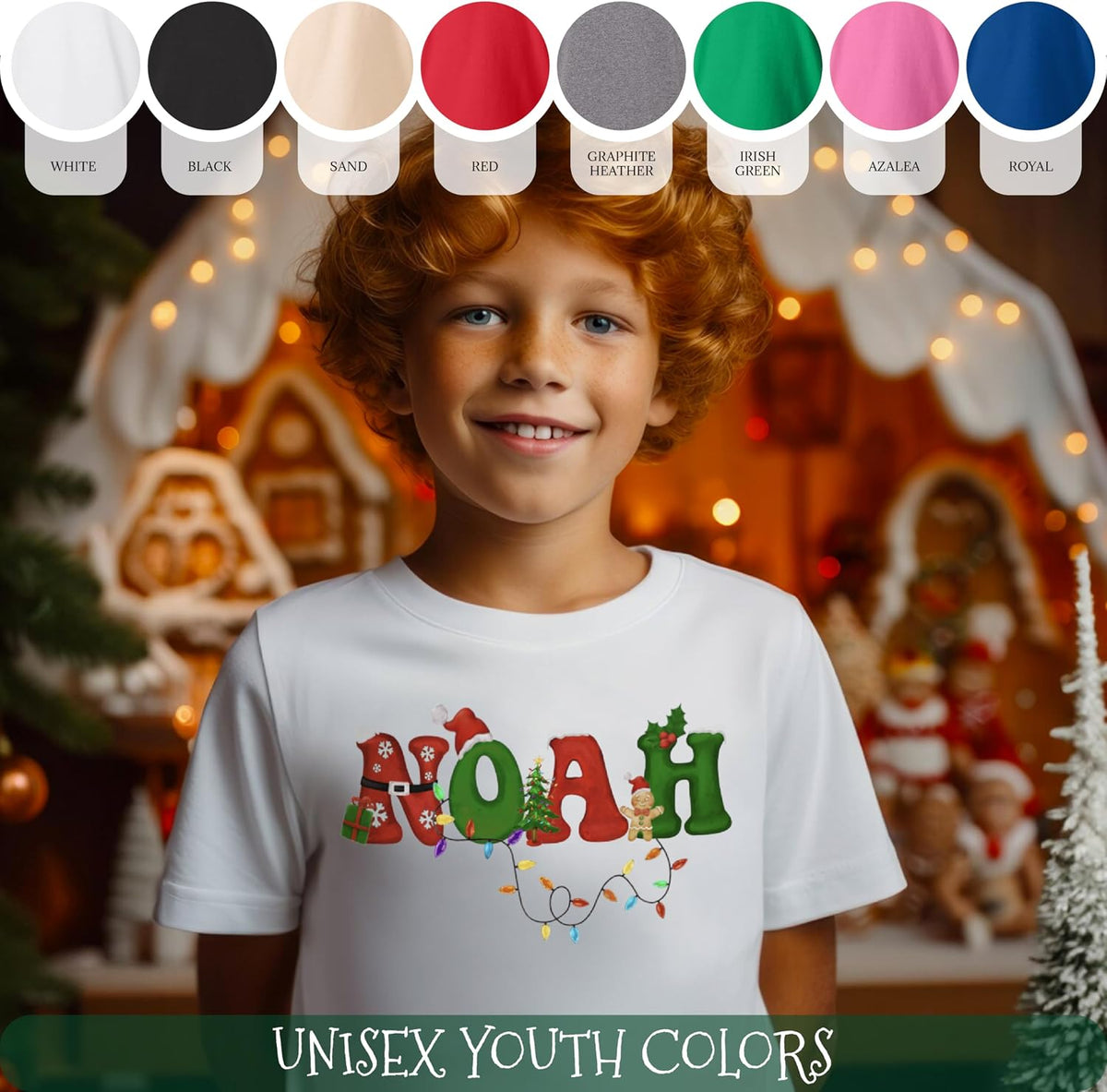 Personalized Christmas Unisex Youth T-Shirt for Boy & Girl, Customized Santa Tee, Custom Holiday Xmas Unisex Outfit Shirts White