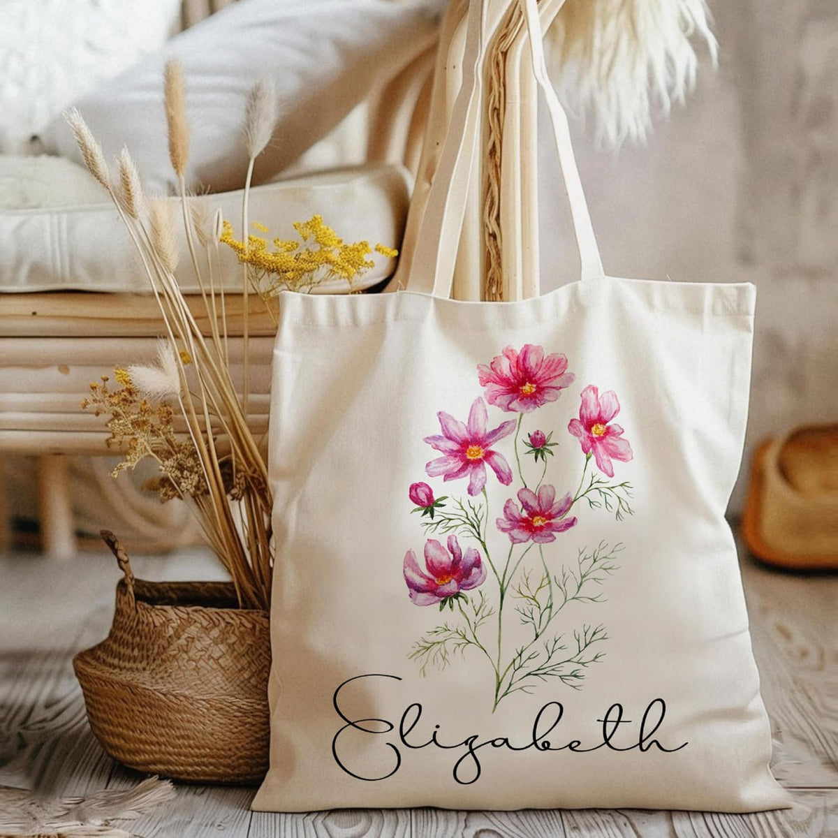 Personalized Floral Tote Bag for Summer, Beach, Birthday, Gift, Shopping and Daily Use - Customized Name Canvas Totes Reusable Bags - Perfect Gifts for Teacher & Bachelorette Party
