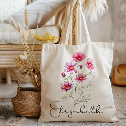 Personalized Floral Tote Bag for Summer, Beach, Birthday, Gift, Shopping and Daily Use - Customized Name Canvas Totes Reusable Bags - Perfect Gifts for Teacher & Bachelorette Party