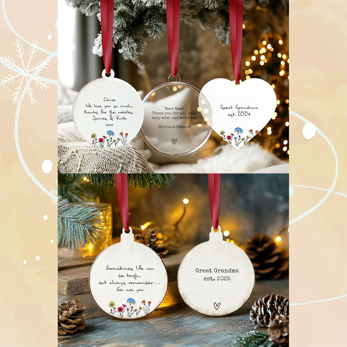 Customized Memorial Christmas Ornaments 2025 - Personalize Double-Sided Ceramic Heart & Round Hanging Xmas Ornaments - Monogrammed Keepsake Gift for Mother & Tree Decor