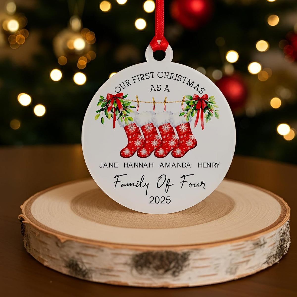 Personalized First Christmas Family Ornament 2025 with Custom Names & Stockings - Acrylic Tree Decoration for Couples or Families of 2 to 7 - Holiday Keepsake Gift for New Parents, Baby, Home Decor
