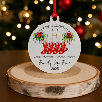 Personalized First Christmas Family Ornament 2025 with Custom Names & Stockings - Acrylic Tree Decoration for Couples or Families of 2 to 7 - Holiday Keepsake Gift for New Parents, Baby, Home Decor