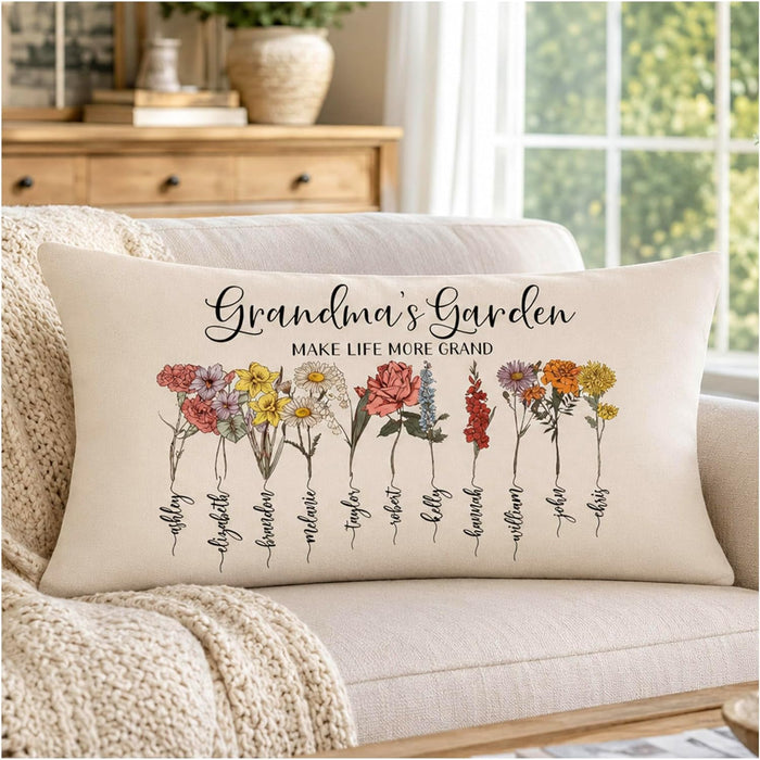 Customized Mother's Day Lumbar Pillow Cover Personalized Grandma's Garden Flowers