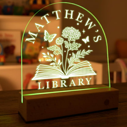 Personalized Library LED Night Light with Name, Custom Birth Month Flower