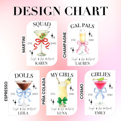 Personalized Cocktail Canvas Drawstring Bag for Girls Night, Galentine’s Day, or Bachelorette – Custom Name Group Pouch with Drink Design, Year & Text – Makeup Gift Bag for Bridesmaids & Friends