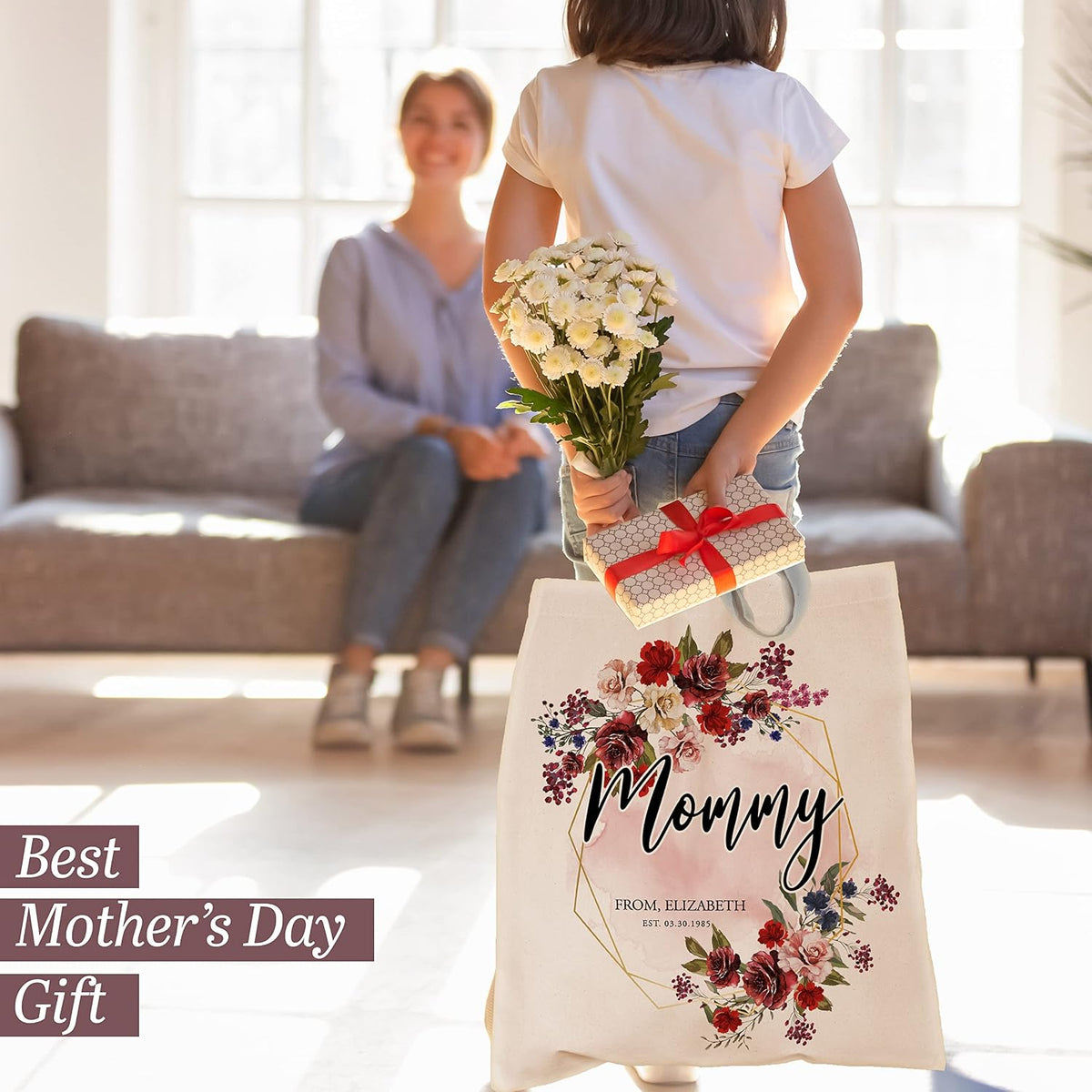 Personalized Mother's Day Tote Bag for Women w/Name - 3 Designs - Customized Floral Canvas Bag Gift for Mom - Custom Reusable Shopping Grocery Bag w/Text - Tote Bag Aesthetic Wedding Birthday Gifts C1