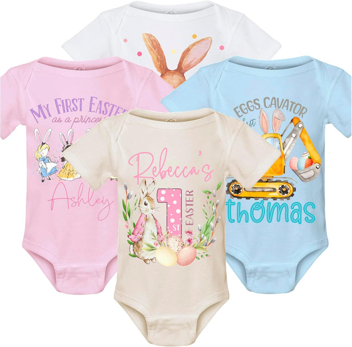 Personalized Easter Baby Bodysuit with Name for a Princess Girl - Customized Infant Romper for Newborn to 24 Months - Custom Easter Bunny Outfit Gift for First Easter Baby Boy