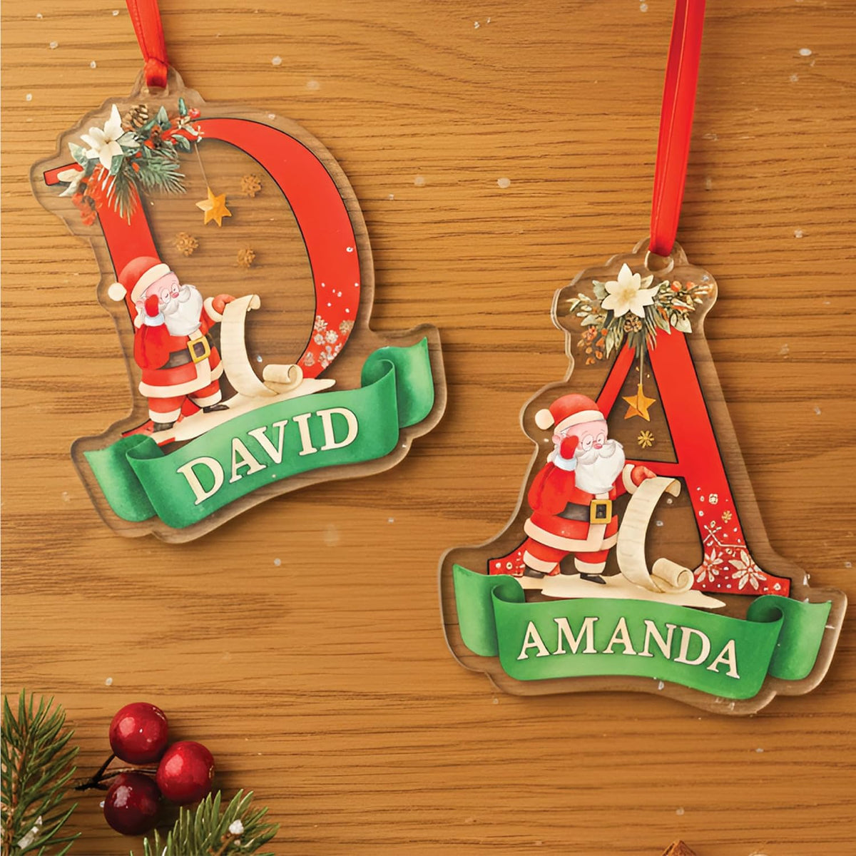 Personalized Santa Initial Ornament - Custom Acrylic Letter Christmas Decoration with Name - Holiday Tree Gift for Kids, Girls, Boys, Family - Santa List Monogram Ornament