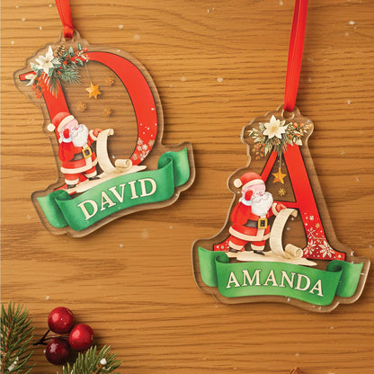 Personalized Santa Initial Ornament - Custom Acrylic Letter Christmas Decoration with Name - Holiday Tree Gift for Kids, Girls, Boys, Family - Santa List Monogram Ornament
