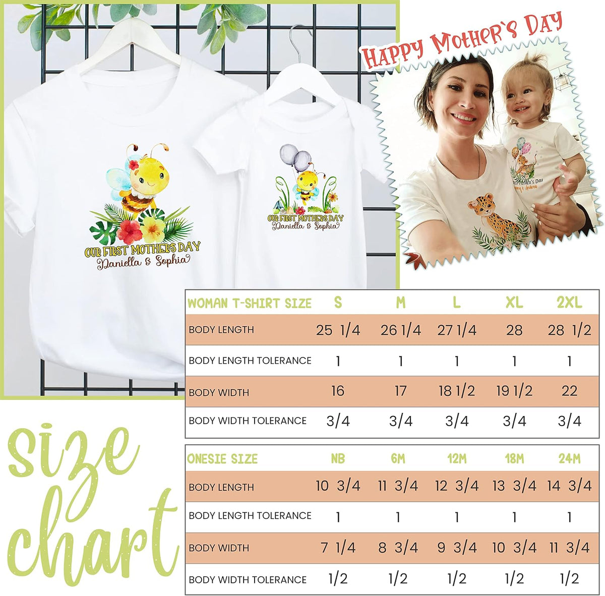 Custom Our First Mother’s Day Matching Shirt Set – 2025 Baby Bodysuit and Mom T-Shirt with Cute Animal Design – Mommy and Me Gift Idea for New Mom, Baby Shower, Mother's Day Outfit Black