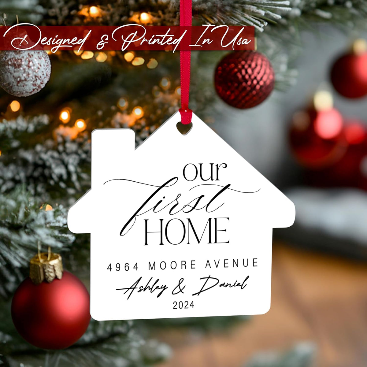 Personalized White Acrylic Xmas Ornaments - Custom Tree Decoration with Names, Address & Year - Unique Holiday Keepsake Gift for Wife & Husband, Christmas Home Decor Our First Home