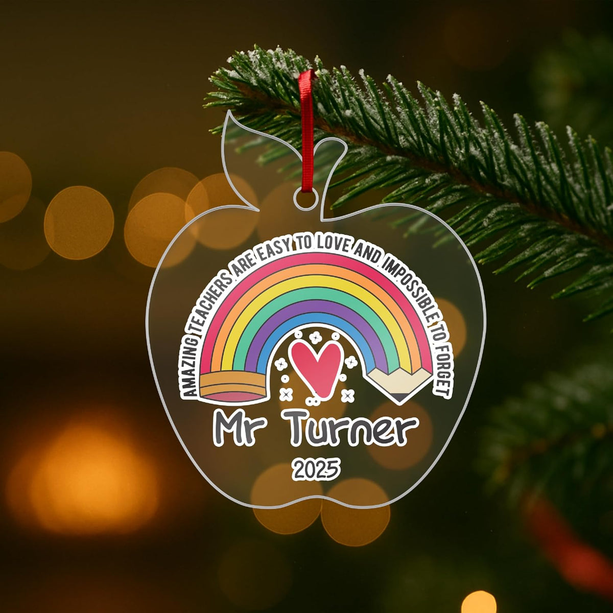 Personalized Teacher Christmas Ornament – Custom Apple Acrylic Tree Decoration with Name & Year – Rainbow Heart Design Holiday Keepsake, Teacher Appreciation Gift, End of Year Classroom Present