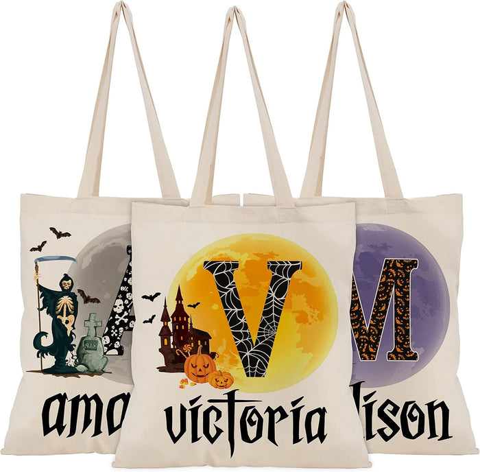 Personalized Halloween Canvas Tote - Custom Name & Initials Trick or Treat Bag with Pumpkin, Skeleton - Reusable 15x16" Gift Bag for Halloween Parties & Everyday Use 6 Designs