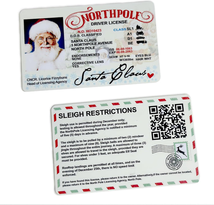 Santa Claus North Pole Driver License - Fun Novelty Christmas ID Card for Kids, Holiday Party Favor, Christmas Stocking Stuffer, Sleigh Restrictions Card for Santa Fans