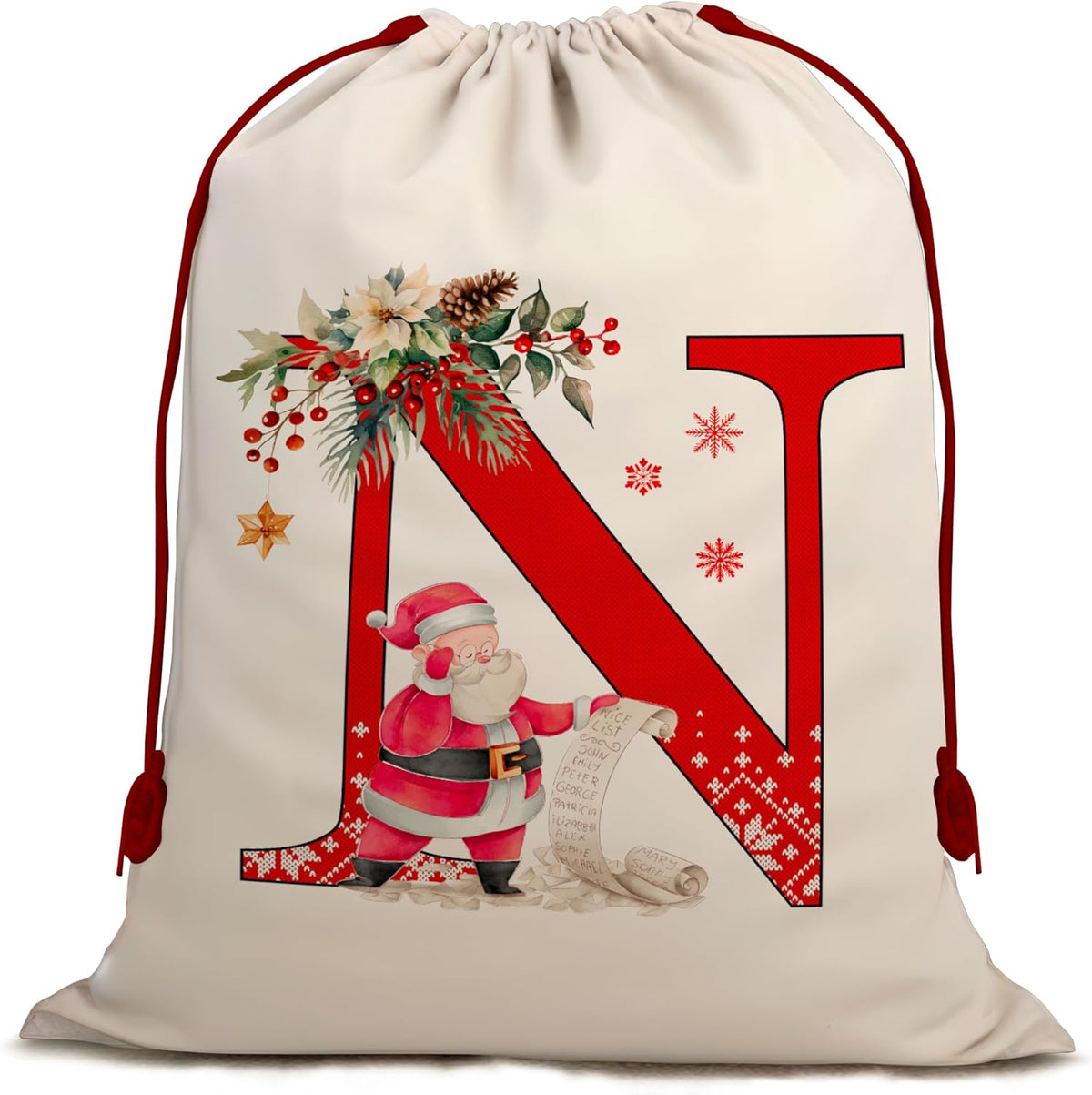 Christmas Gift Santa Sack with Monogram Initials - Holiday Present Bag for Family, Mom & Dad - Pouch for Special Occasions (N)