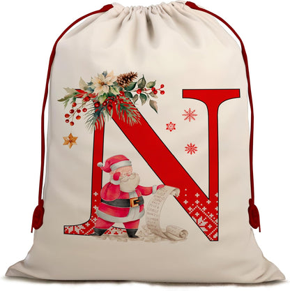 Christmas Gift Santa Sack with Monogram Initials - Holiday Present Bag for Family, Mom & Dad - Pouch for Special Occasions (N)