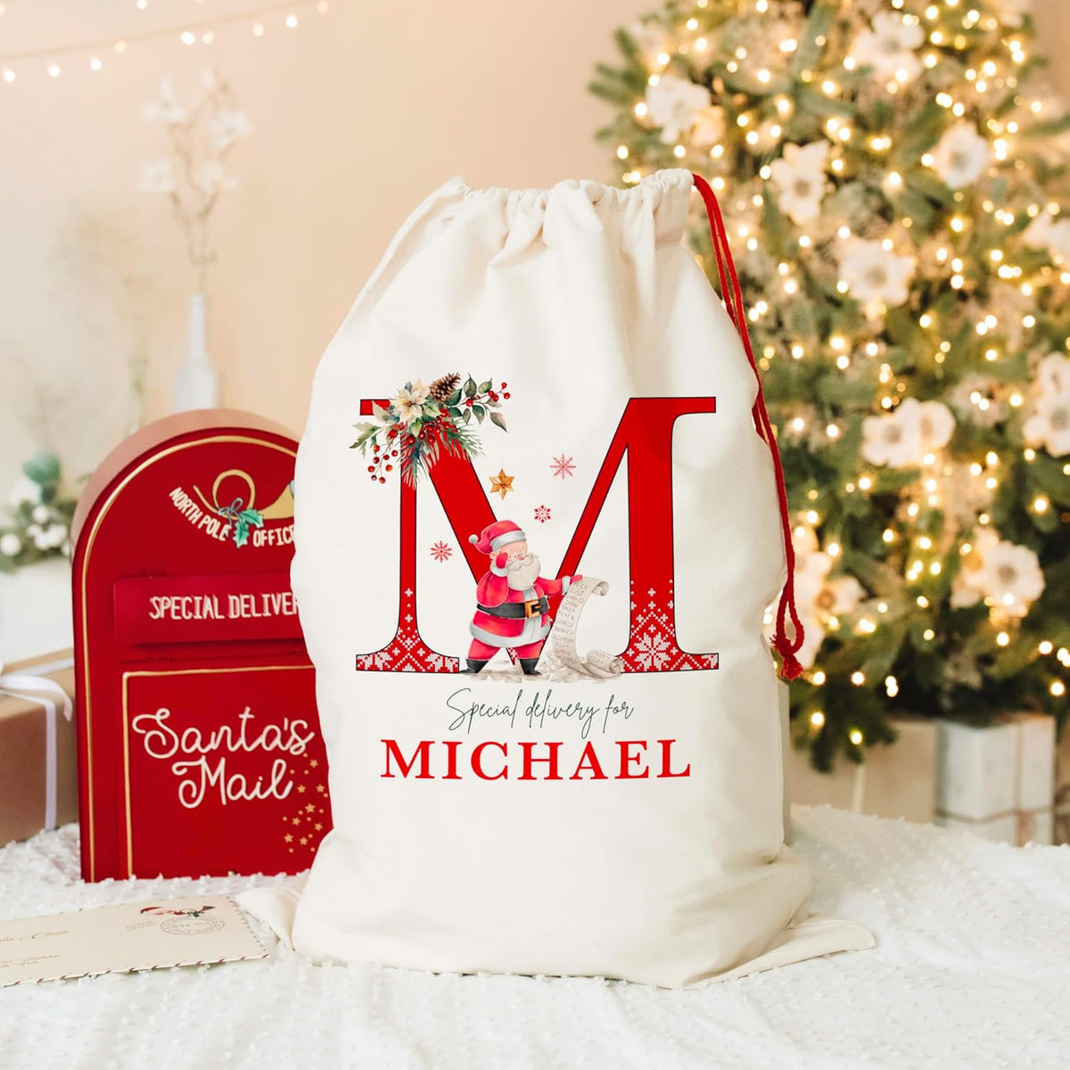 Custom Initial Christmas Santa Sack, Monogrammed Xmas Gift Pouch Bag
