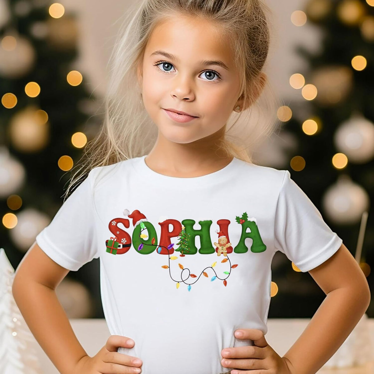 Personalized Christmas Unisex Youth T-Shirt for Boy & Girl, Customized Santa Tee, Custom Holiday Xmas Unisex Outfit Shirts White