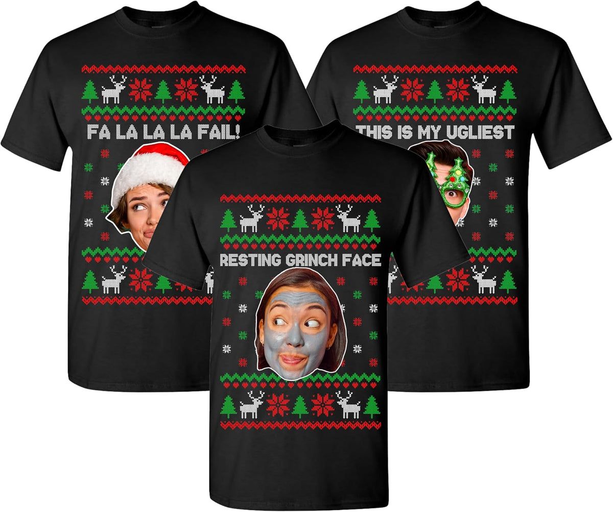 Personalized Ugly Christmas Funny Face Monogrammed Sweathirt & T-Shirt - Custom Graphic Tee in Multiple Colors - Add Your Text and Photo - Unique for Friends & Family, Office Party