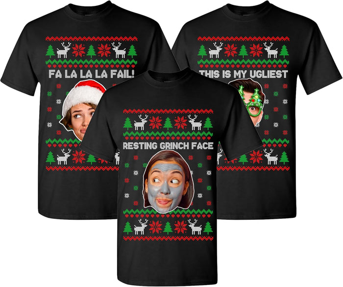 Personalized Ugly Christmas Funny Face Monogrammed Sweatshirt & T-Shirt - Custom Graphic Tee in Multiple Colors - Add Your Text and Photo - Unique for Friends & Family, Office Party