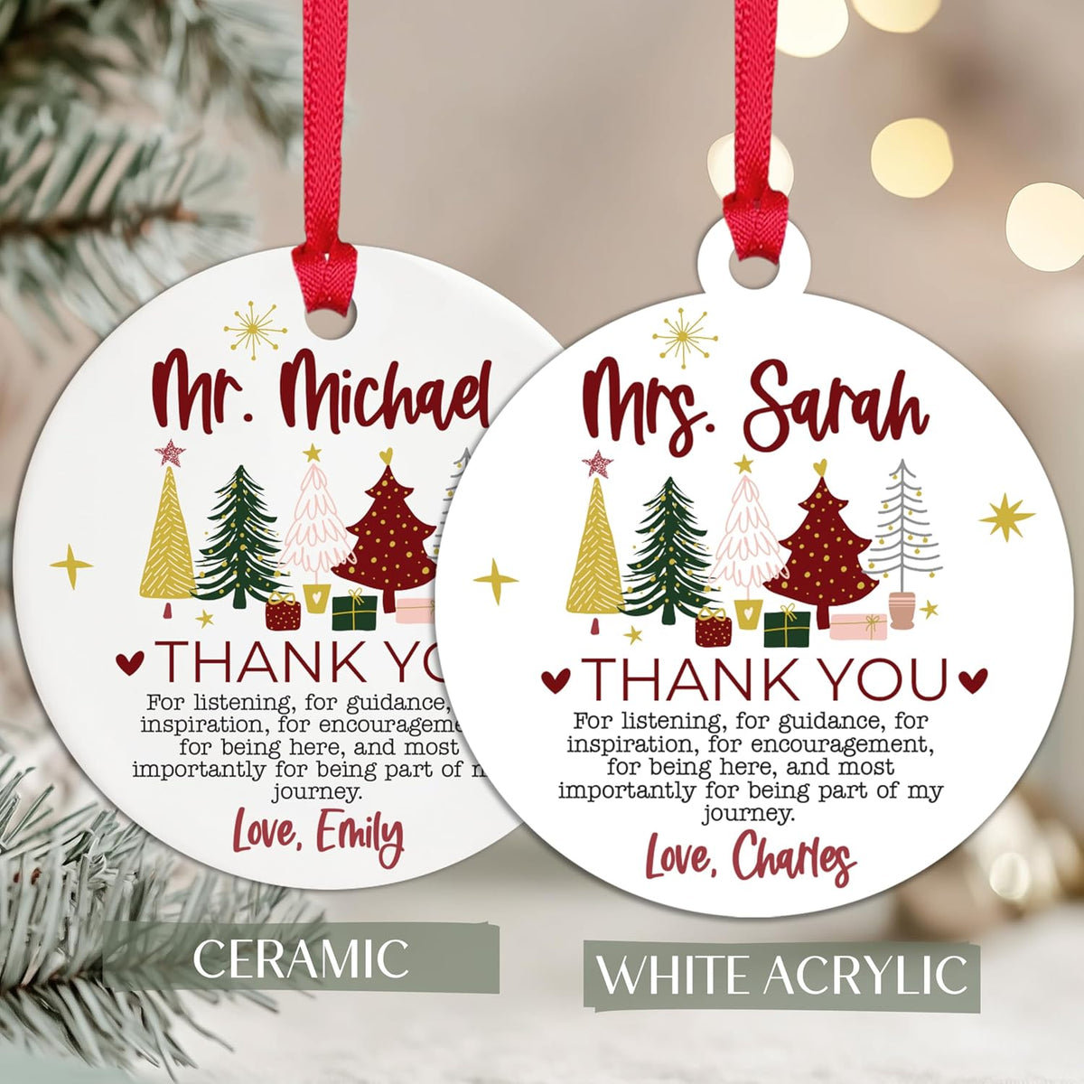 Personalized Teacher Ornament, Custom Name Thank You Gift for Teacher, Mentor or Coach, Ceramic or Acrylic Holiday Keepsake with Message, Appreciation Gift